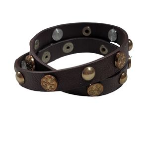 Tory Burch Brown Leather Gold Studded Wrap Bracelet